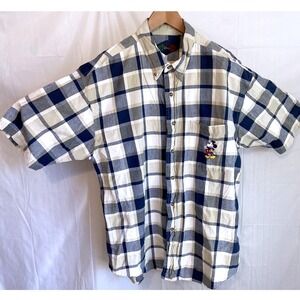 Disney Catalog XL Mickey Mouse Embroidered Plaid Short Sleeve Shirt Navy Tan‎